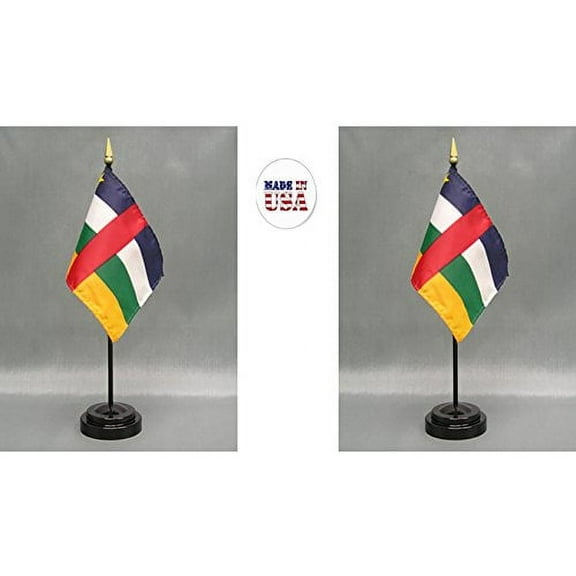 Central African Republic Desk Flag Set; Two 4x6 inch American Made Table Flags with Two Bases