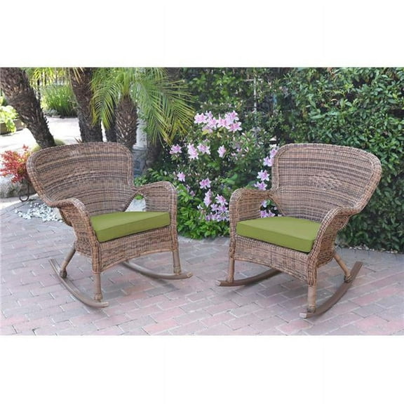 W00212-R-2-FS029 Windsor Honey Resin Wicker Rocker Chair with Green Cushion - Set of 2