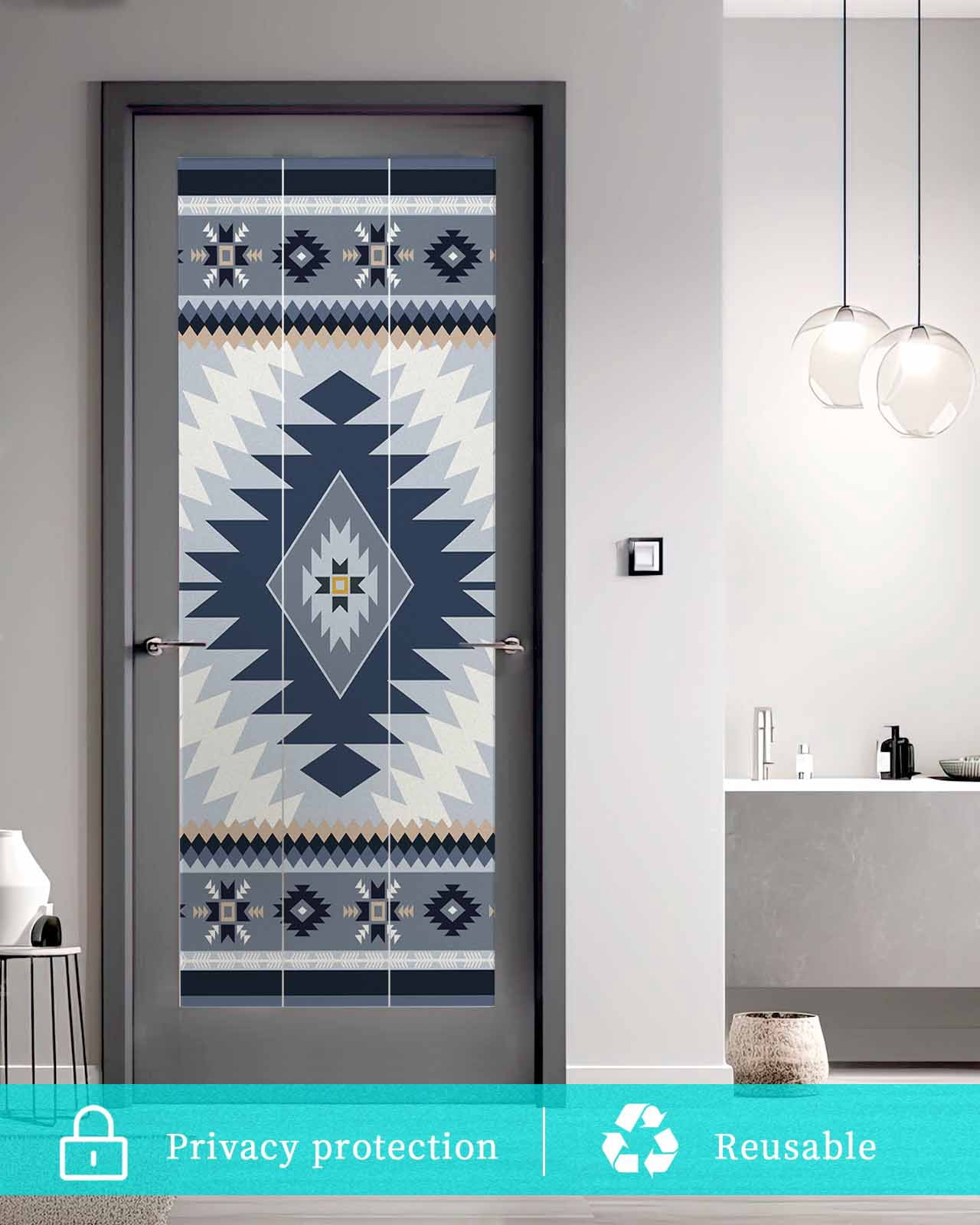 Window Privacy Film Blue Gray Boho Stained Glass Window Film Decorative Sun Block Window Cover Southwestern Ethnic Abstract Geometric Window Clings Static Adhesive Sticker for Bathroom 23.6"x59"