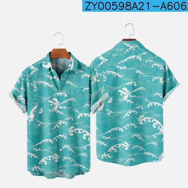 2022 New Original Risk Free Wave Pattern 3D Printing Lapel Men's T-Shirt Top Hawaiian Beach Style