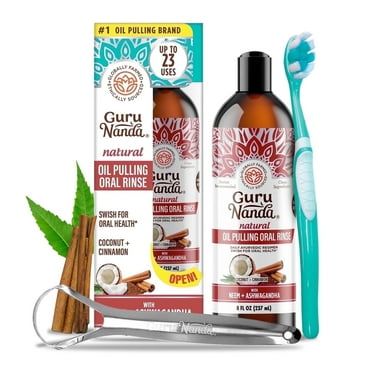GuruNanda Coconut & Cinnamon Oil Pulling with Neem   Ashwagandha - Essential Oils & Vitamins for Health Teeth & Gums - 8 oz