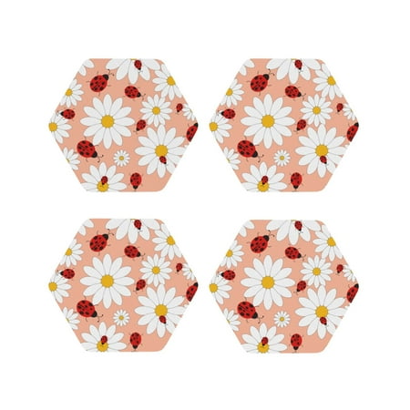 

Fuzoiu Daisy and Ladybug Print Leather Coasters Set Drink Coasters Set of 4 for Tabletop Protection Durable PVC Coasters Home Décor and Housewarming Gift-Hexagon