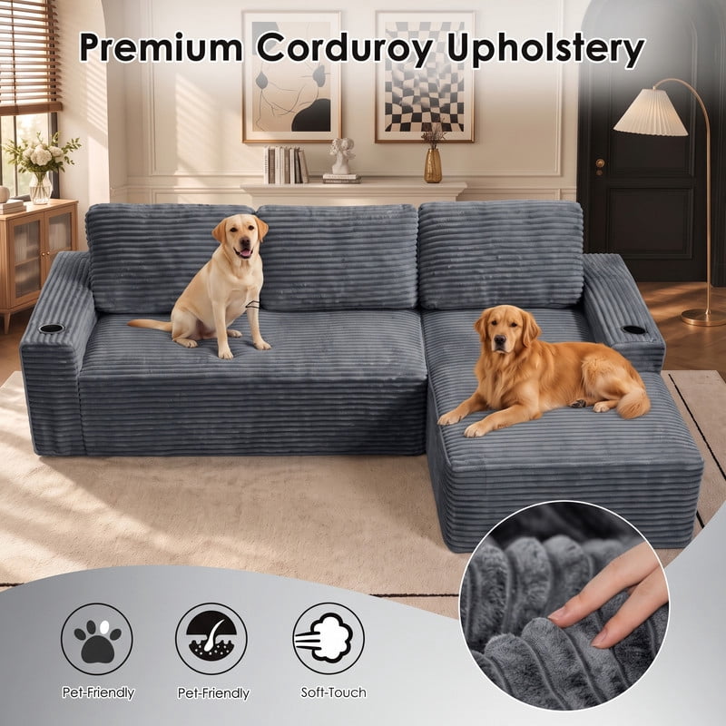Anpport 104" Boneless Cloud Modular Sectional Couch, Corduroy Sofa with Cup Holders, Side Pockets, Deep Seat, No Assembly Required for Living Room, Gray (R‑Shaped, Right Facing Chaise)
