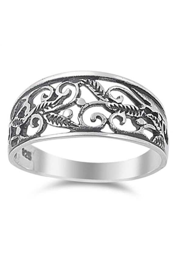 Oxidized Filigree Leaf Swirl Wide Ring .925 Sterling Silver Band Jewelry Female Male Unisex Size 5