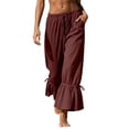 thumbnail image 2 of Ynynloco Womens 100%Cotton Wide Leg Pants Casual Ruffle with Ties Palazzo Flowy Drawstring Loose Lightweight Cute Pants with Pockets, 2 of 9