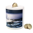 thumbnail image 3 of Nature Piggy Bank, Summer Storm Beginning with and Beams over the Rocky Coast Waves Mystic Image, Ceramic Coin Bank Money Box for Cash Saving, 3.6" X 3.2", Grey Purple, by Ambesonne, 3 of 4