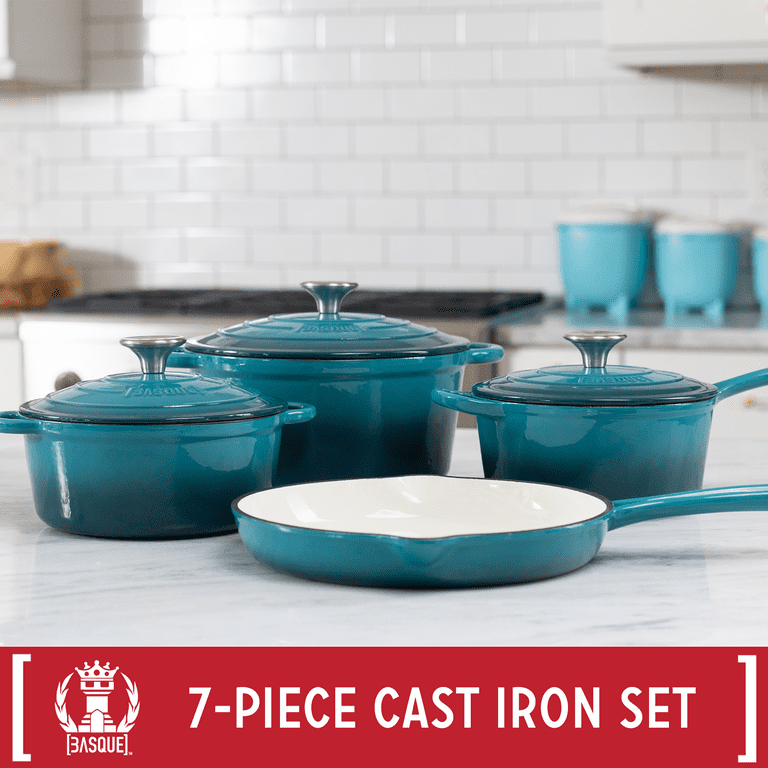  Basque Enameled Cast Iron Cookware Set (Blanc White), Nonstick,  Oversized Handles, Oven Safe; 10.25/'' Skillet, 2QT Saucepan, 2.25QT Small  Dutch Oven, 4.75QT Large Dutch Oven, 7 Pieces: Home & Kitchen