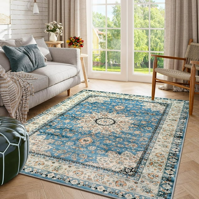 Lahome 4x6 Area Rugs for Living Room, Vintage Washable Rugs for Bedroom,Blue Indoor Dining Room Rugs for Under Table, Boho Floral Low-Pile Non Slip Printed Rug for Office Entrance Nursery