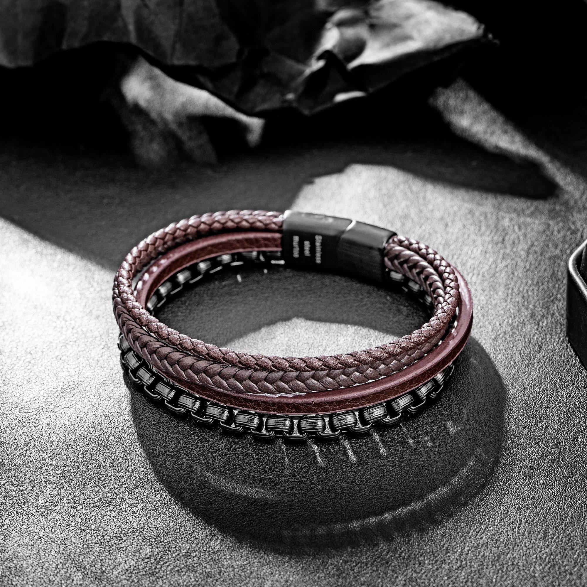 murtoo Mens Leather Bracelet with Chain, Stainless Steel Clasp Braided Wristband for Men, Multi-Strand Adjustable Bracelet with Gift Bag