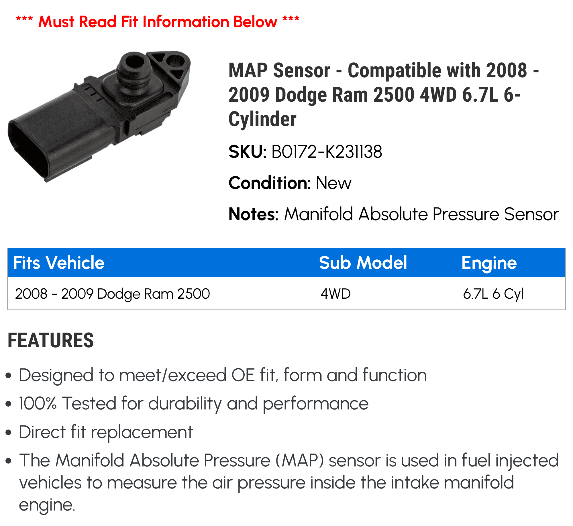 MAP Sensor - Compatible with 2008 - 2009 Dodge Ram 2500 4WD 6.7L 6-Cylinder