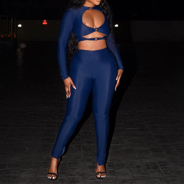 Pantalones Conjunto de 2 piezas de trajes de moda, camisas con cuello redondo y pantalones tipo lápiz, mujer sexy Ygjytge Azul T M para Mujer