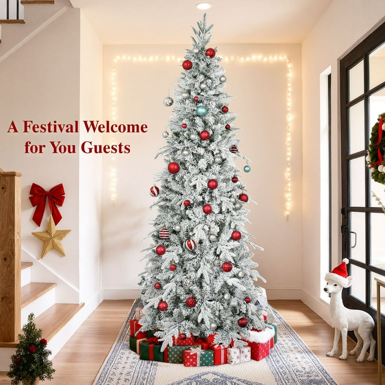 iFanze 7ft XMAS Pre-Lit Snow Flocked Pine Tree with 300 LED Lights