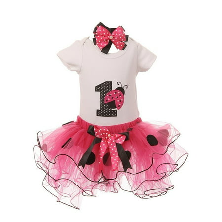 Baby Girls Fuchsia Ladybug Top Tutu Skirt Bow 3 Pc Birthday Set 1 Year