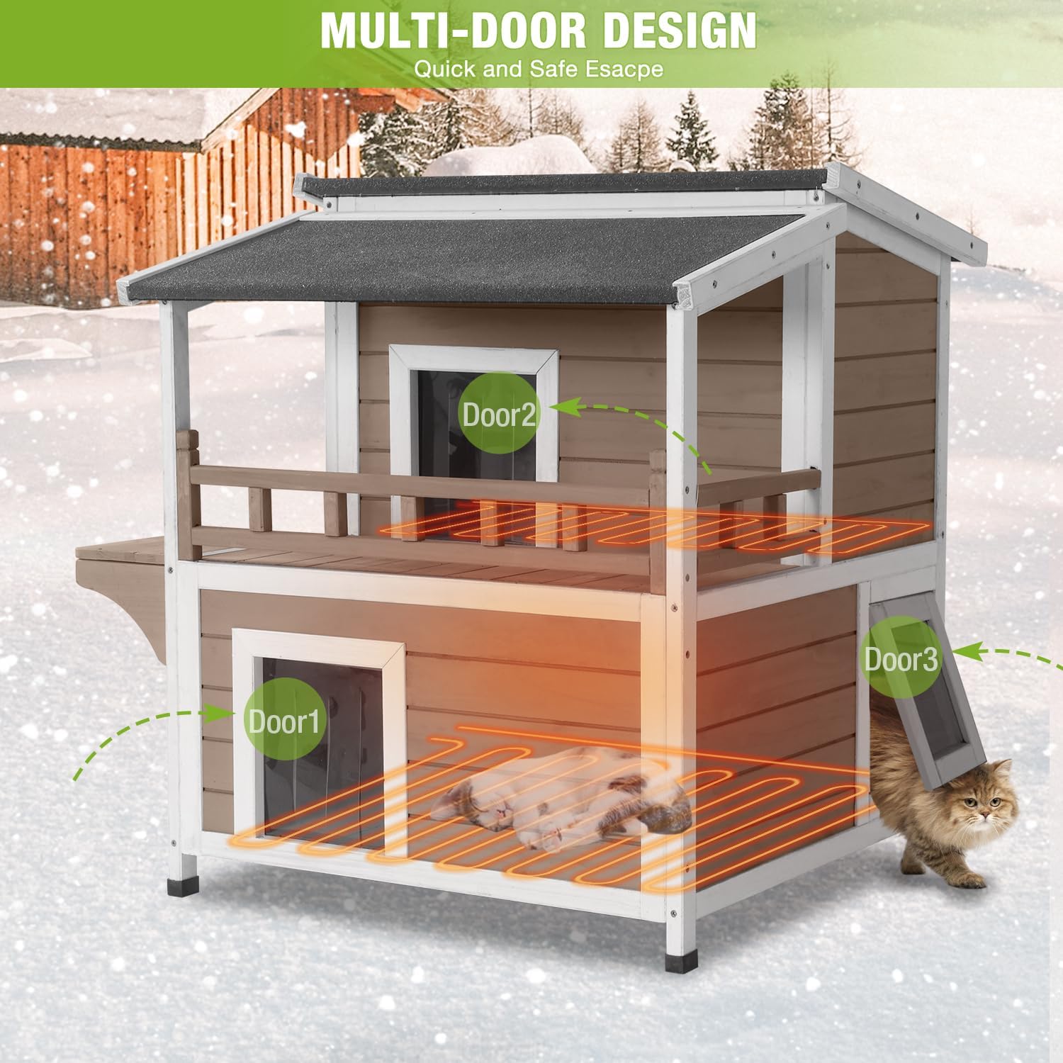 MEDEHOO Heated Cat House Outdoor 2 Story Insulated Liner Feral Cat Shelter Weatherproof for Outside with Heated Pad（Brown）