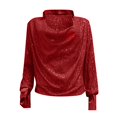 thumbnail image 4 of TSADFHJI Chemise à Manches Longues pour Femmes, Décontractée, Ample, Col en V Profond Plissé, Sequins, Rouge, 4 of 5