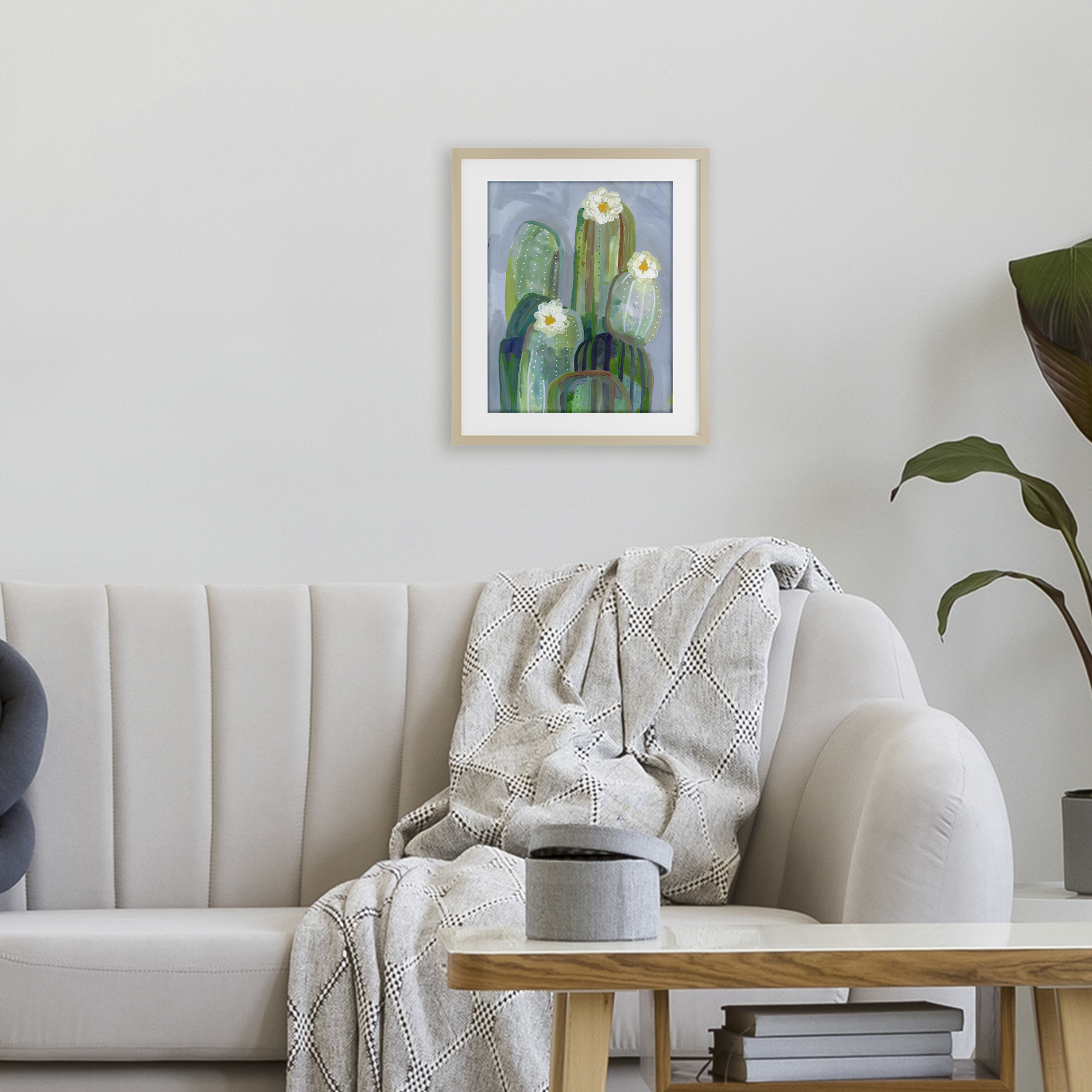Desert Day Dream Cactus Birch Framed Print Under Glass, design by Ashley Davis