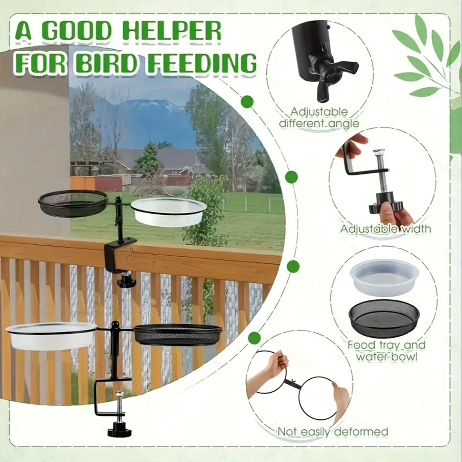 Dserhfy Deck Bird Feeder Tray Detachable Mesh Feeder Tray with Water Bowl Deck Railing Bird Feeder with Metal Bracket for Balcony Yard Fence