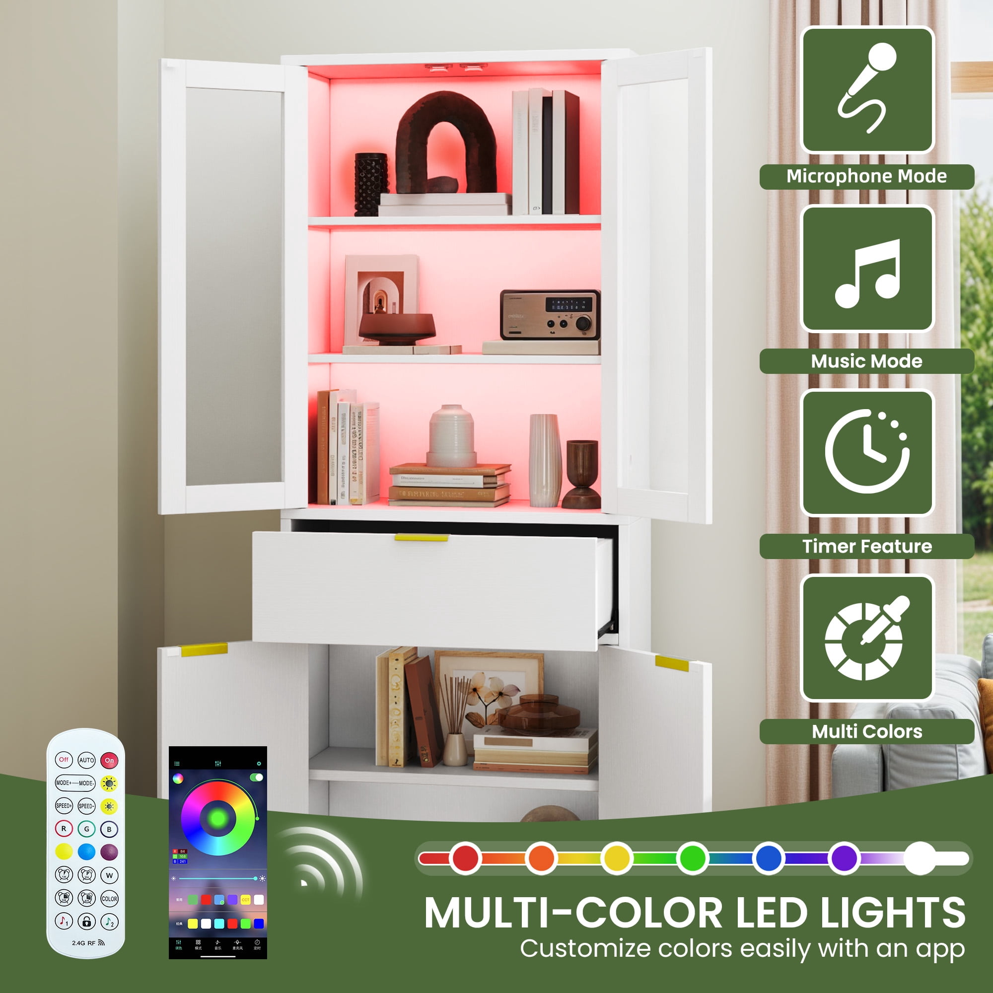 Uforic 65" Bookcase with Drawers & Doors, Tall Storage Cabinet with Adjustable Shelves, Display Bookshelves, White