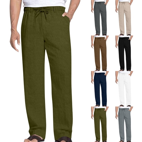 Aezemi Mens Pull on Pants with Pockets Drawstring Straight Leg Casual Long Trousers Elastic Waist Summer Spring Work Casual Pants L