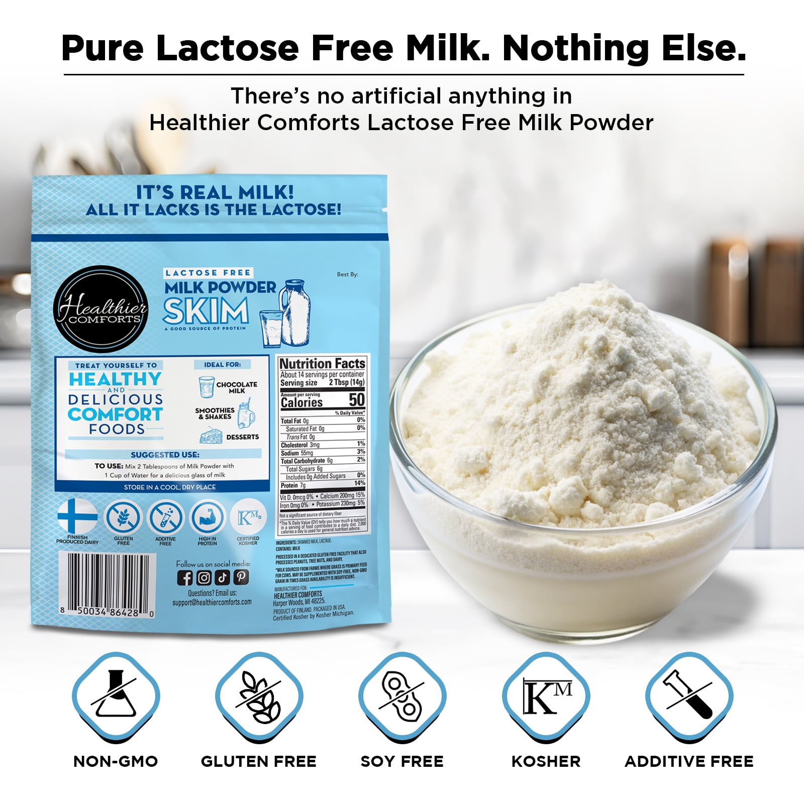 Healthier Comforts Lactose Free Skim Milk Powder 21oz | High Protein, Fat Free, Non-GMO, Kosher, Gluten Free, No Fillers | Baking, Coffee Creamer, Shakes