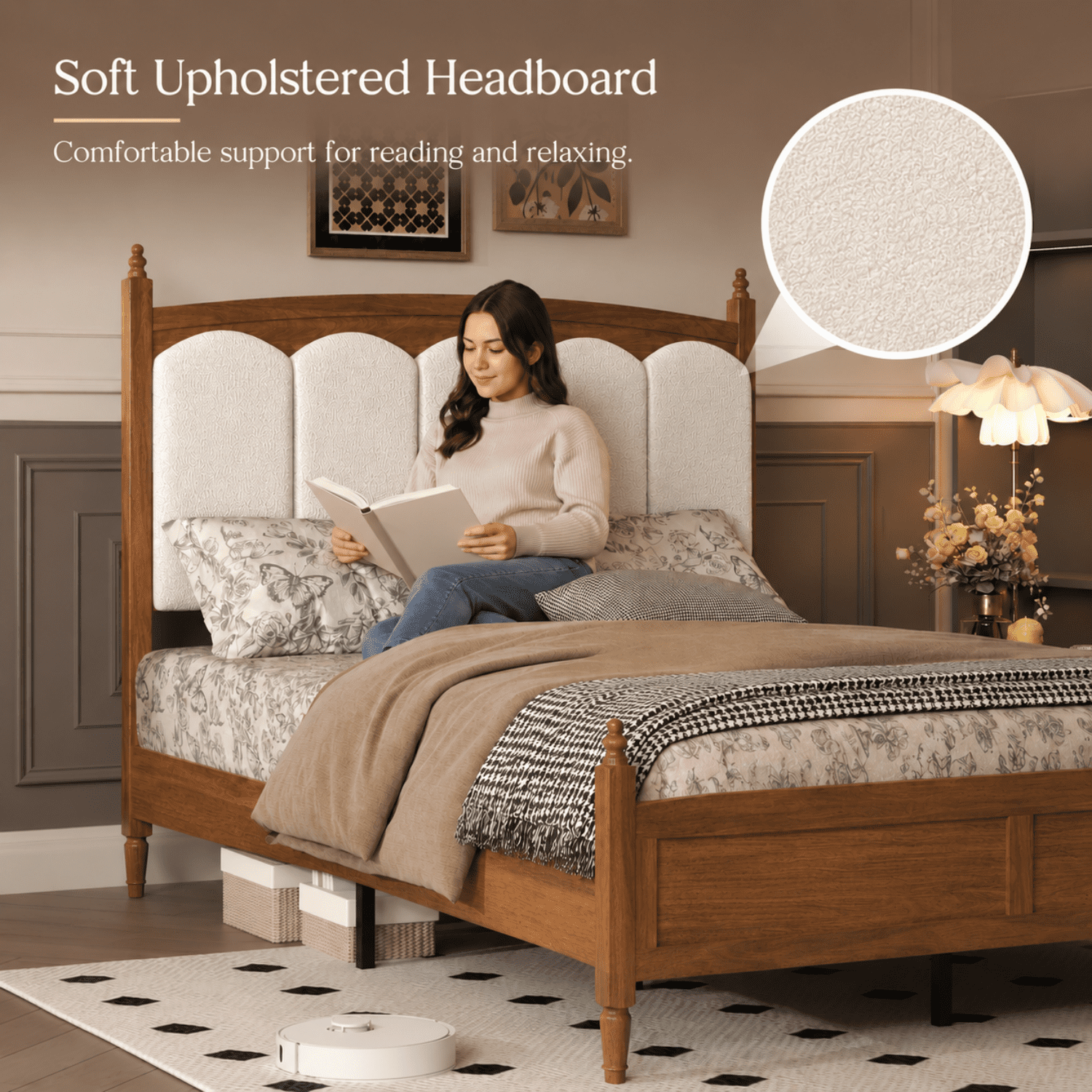 Miniyam Queen Size Farmhouse Engineered Wood Platform Bed Frame with Upholstered Headboard, Brown