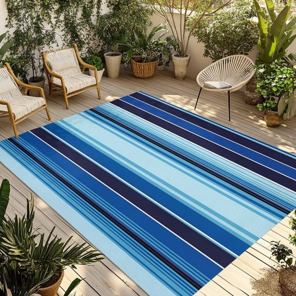 Mexican Style Outdoor Rug for Patio/Deck/Porch, Non-Slip Large Area Rug 6 x 9 Ft, Colorful Mexico Stripes Ombre Blue Indoor Outdoor Rugs Washable Area Rugs, Reversible Camping Rug Carpet Runner