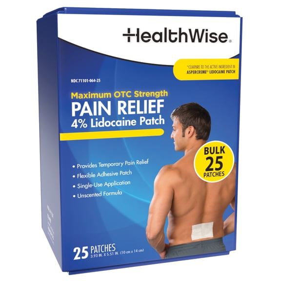 HealthWise™ Maximum Strength OTC Pain Relief Patch | 4% Lidocaine Patch | 3.9” x 5.5” | 25-Count Box | Paraben Free
