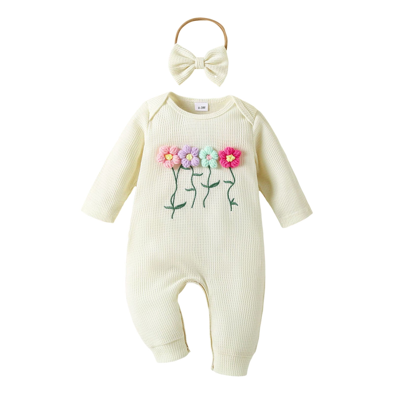 Karoyedx Girls Romper Infant Baby Girl Fall Outfit Sweatshirt Romper Long Sleeve Jumpsuit Newborn Clothes and Headband Beige Size,0-3 Months
