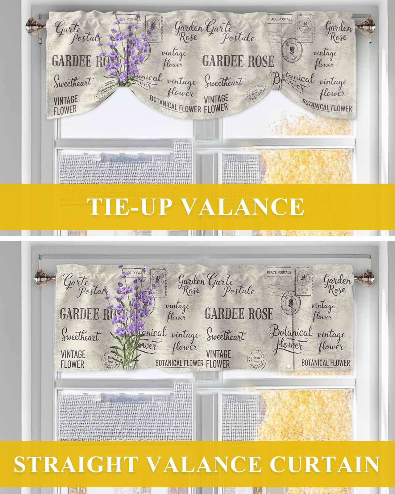 Purple Lavender Tie Up Valances Curtain, Vintage Letter Texture Flowers Floral Kitchen Valances for Windows Decor, Rod Pocket Short Curtains Set for Bedroom/Bathroom, 54"x18"