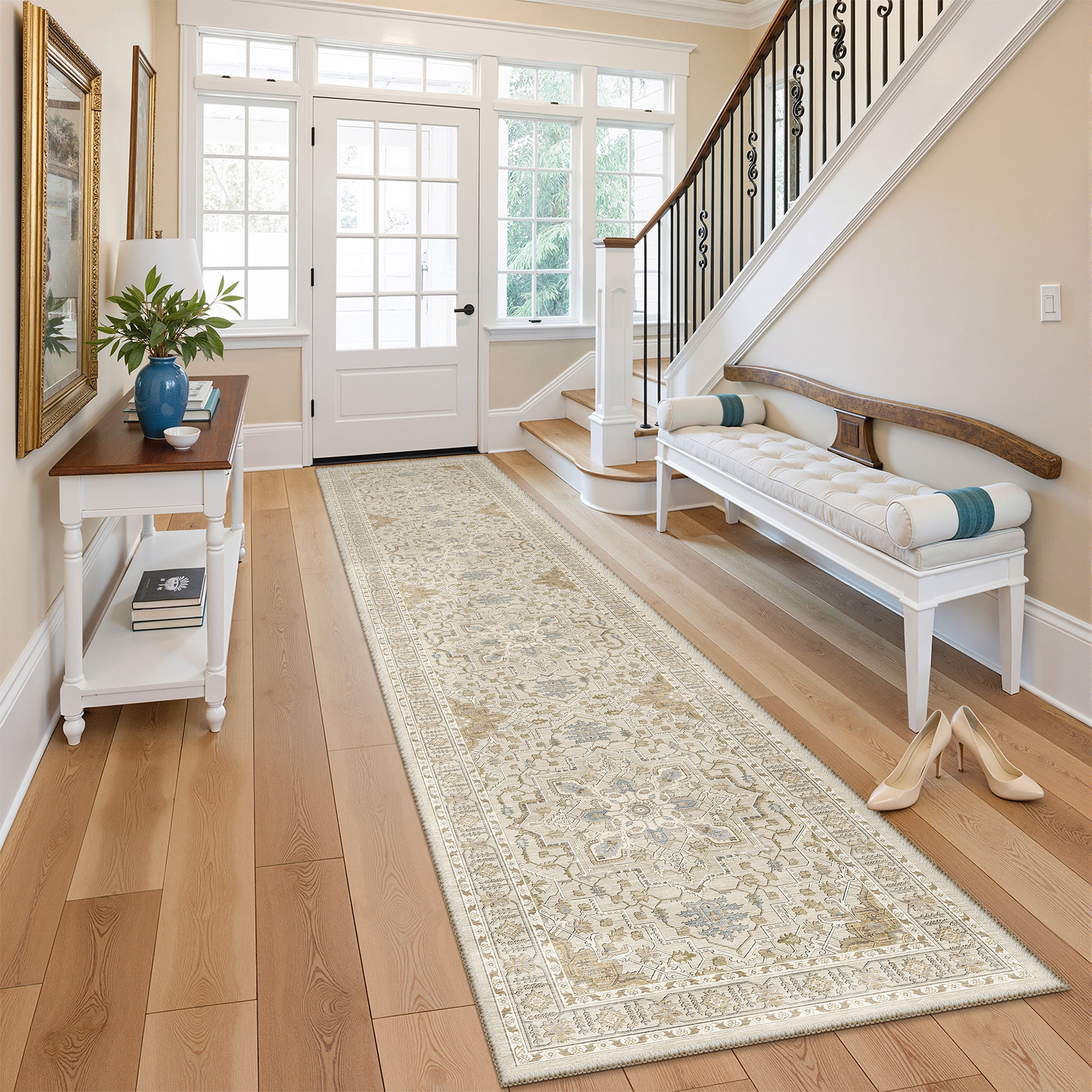 Roxstand 2'x10' Washable Runner Rug for Hallway Entrance Bedroom Entryway, Vintage Non Slip Stain Resistant Kitchen Rugs, Beige