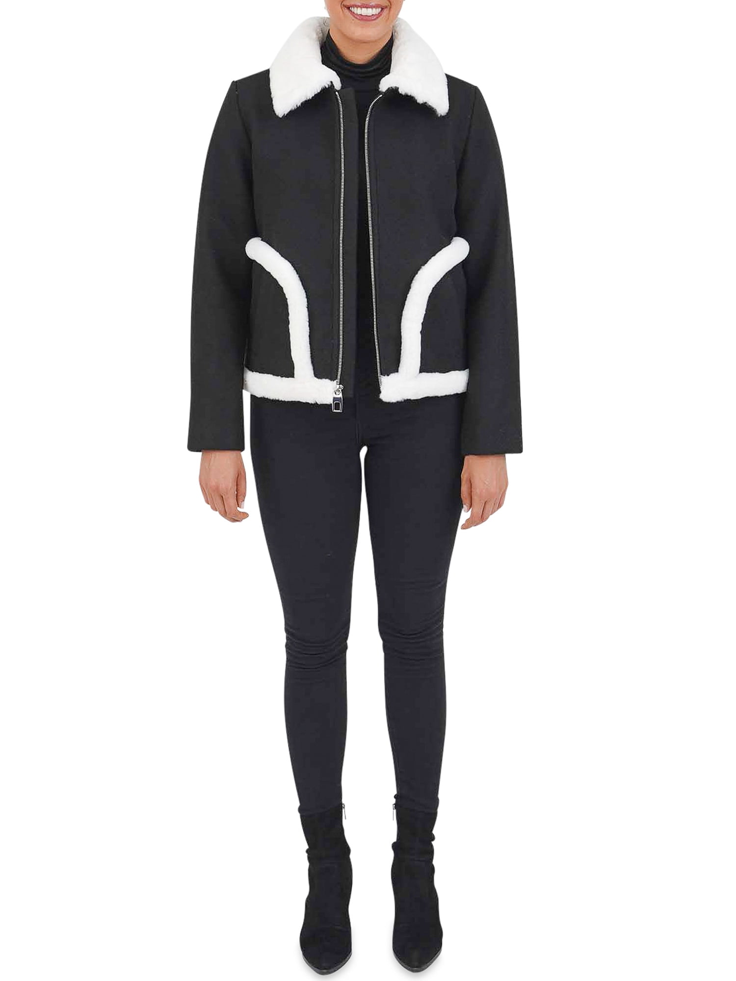 Cyn & Luca Women's Bomber Jacket with Faux Fur Trim