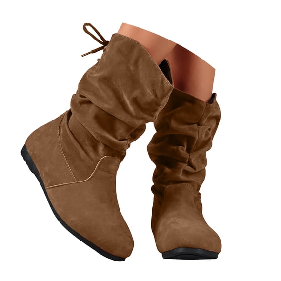 YLYL Women's Mid Calf Flat Boots Wide Width Round Toe Pull on Fashion Casual Walking Riding Boots