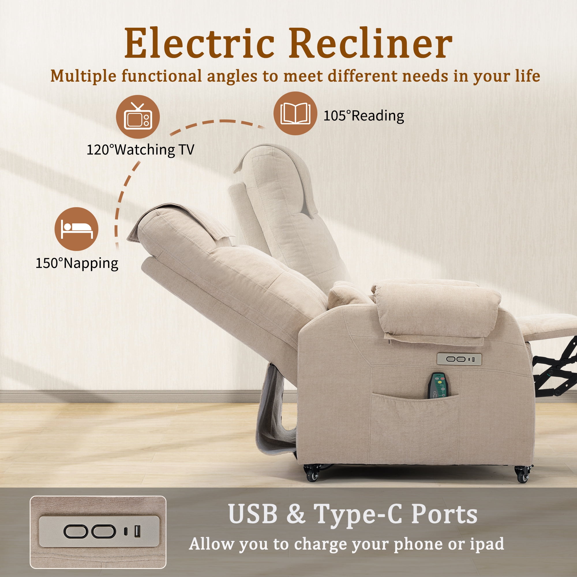 Korser Power Small Recliner Chair for Small Spaces with Wheels and USB Ports for Living Room,Khaki