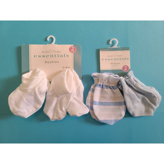 Koala Essentials Blue/White Mittens & White Booties 2pk Set Cotton, Total 4 Pair