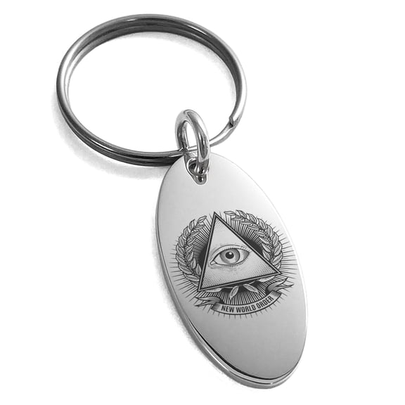 Stainless Steel All Seeing Eye New World Order Engraved Small Oval Charm Keychain Keyring