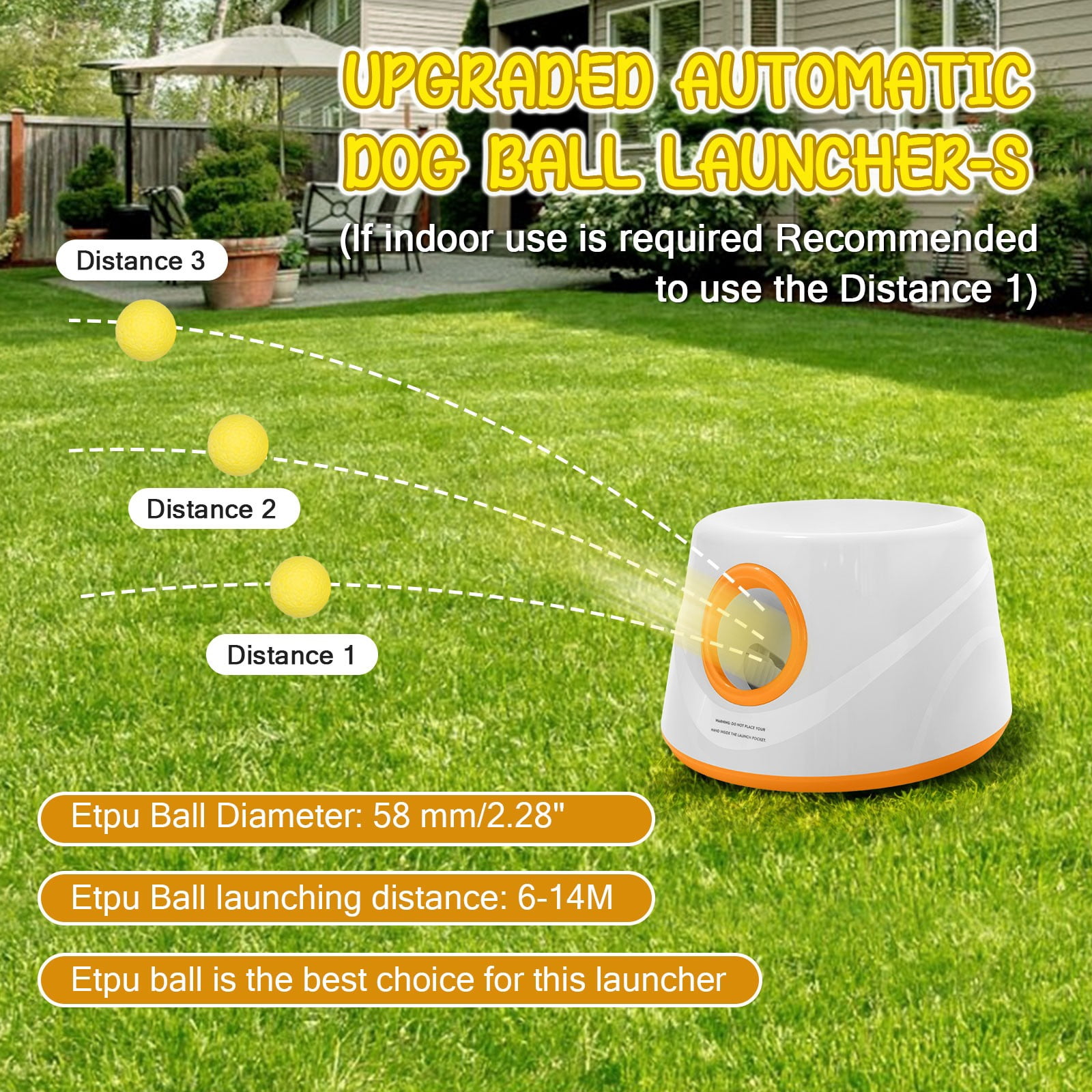 TOPCHANCES Automatic Tennis Ball Launcher for Dogs, Interactive Dog Toys for Samall & Medium Dogs, Dog Ball Thrower with 3 Launching Distance (19/32/45 ft), 5 Balls Included (Orange)