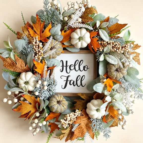 17" Fall Wreath for Front Door, Porch, Wall Home Decor, Autumn Thanksgiving Wreath Ornament with White Pumpkins Maple Leaves Berries Artificial Harvest Wreath