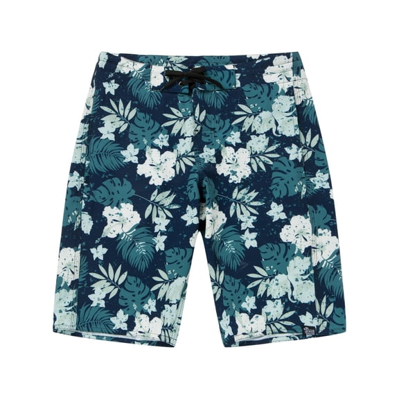 Men's Spandex Hawaiian Beach Board Shorts with Zipped Pocket in Faded Floral in Blue 38