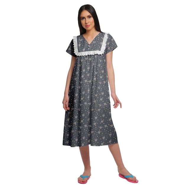 Moomaya Printed Short Sleeve Nightdress For Ladies Button Placket Nightwear