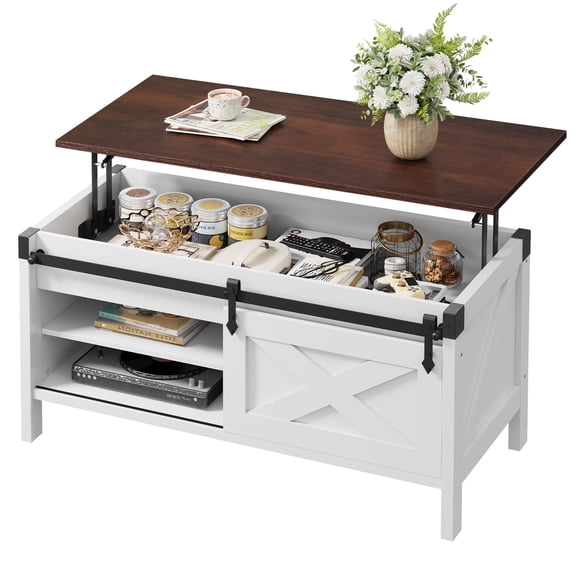 GALAXHERO 39.4" Farmhouse Large Coffee Table Lift Top Coffee Table with Hidden Storage Compartment Sliding Barn Doors Modern Wood Center Table for Living Room White