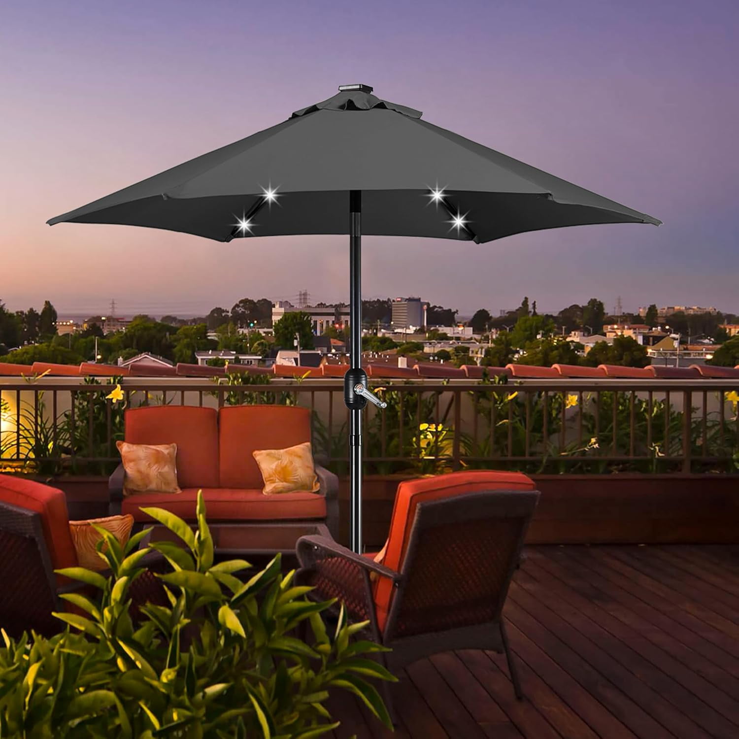 7.5 ft Solar LED Patio Umbrella with Tilt and Crank, Market Style Sunshade for Outdoor Use, Grey