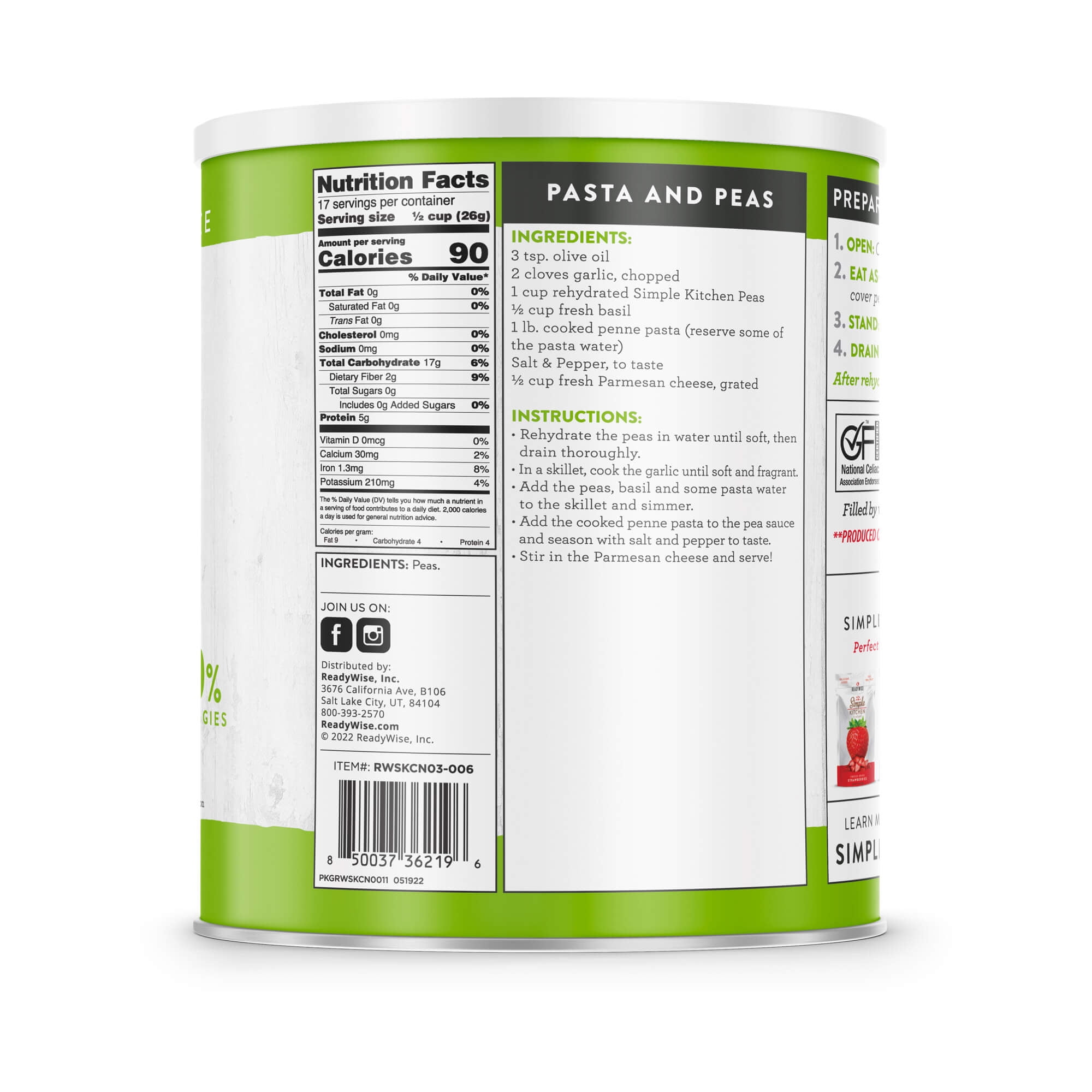 ReadyWise Freeze-Dried Peas Emergency Food, 17-Serving Can - Long Shelf Life