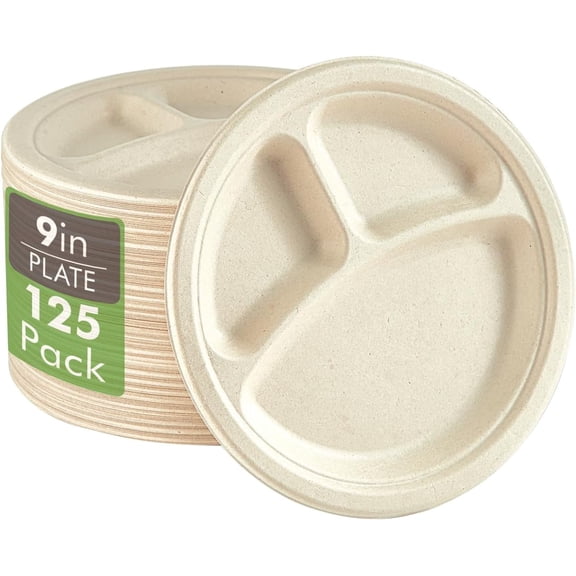 100% Compostable Paper Plates, 125 Pack 9 Inch 3 Compartment Plates Disposable, Heavy Duty Biodegradable Plates Made of Sugar Cane Fibers, for Daily meals, Dinner, Parties, BBQ