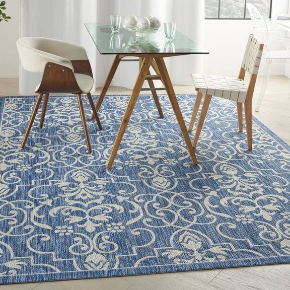 Nourison Garden Party Indoor/Outdoor Transitional Damask Denim 7' x 10' Area Rug, (7' x 10')