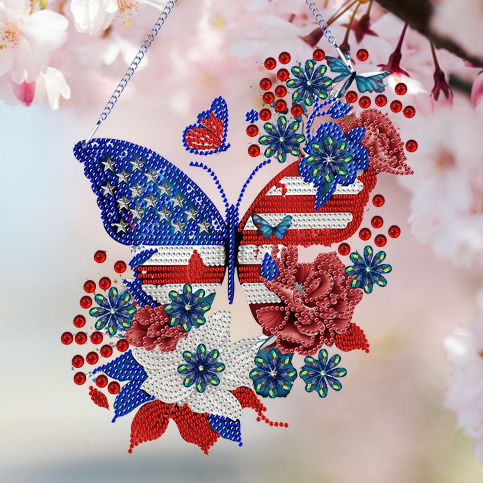 FLOPESN DIY Diamond Art Kits, American Independence Day USA Butterfly Style, 9.84*8.27 in Diamond Painting Pendant, Creative Design Wall Decor