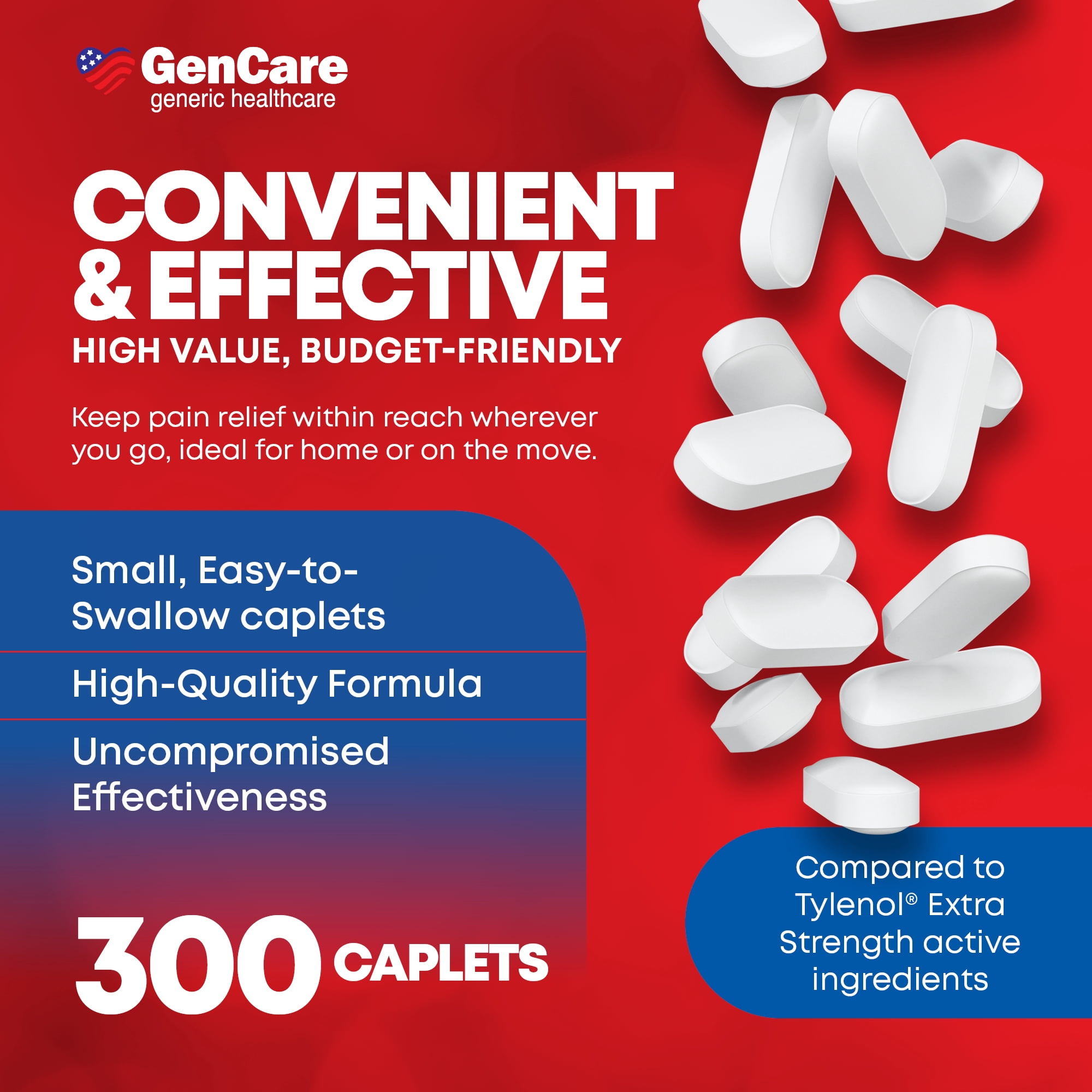 GenCare Extra Strength Acetaminophen 500mg Pain Relief Fever Reducer, 300 Caplets