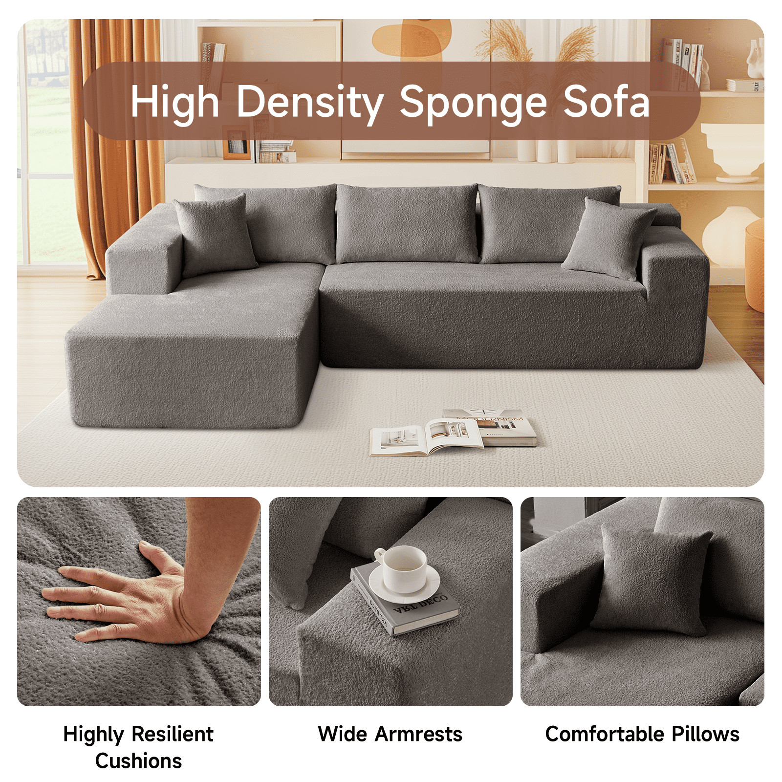 104" Sectional Sofa, L-Shaped Modern Modular High-Density Sponge Corner Sofa with Chaise Lounge & Pillows, Upholstered Cloud Couch for Living Room Bedroom Apartment