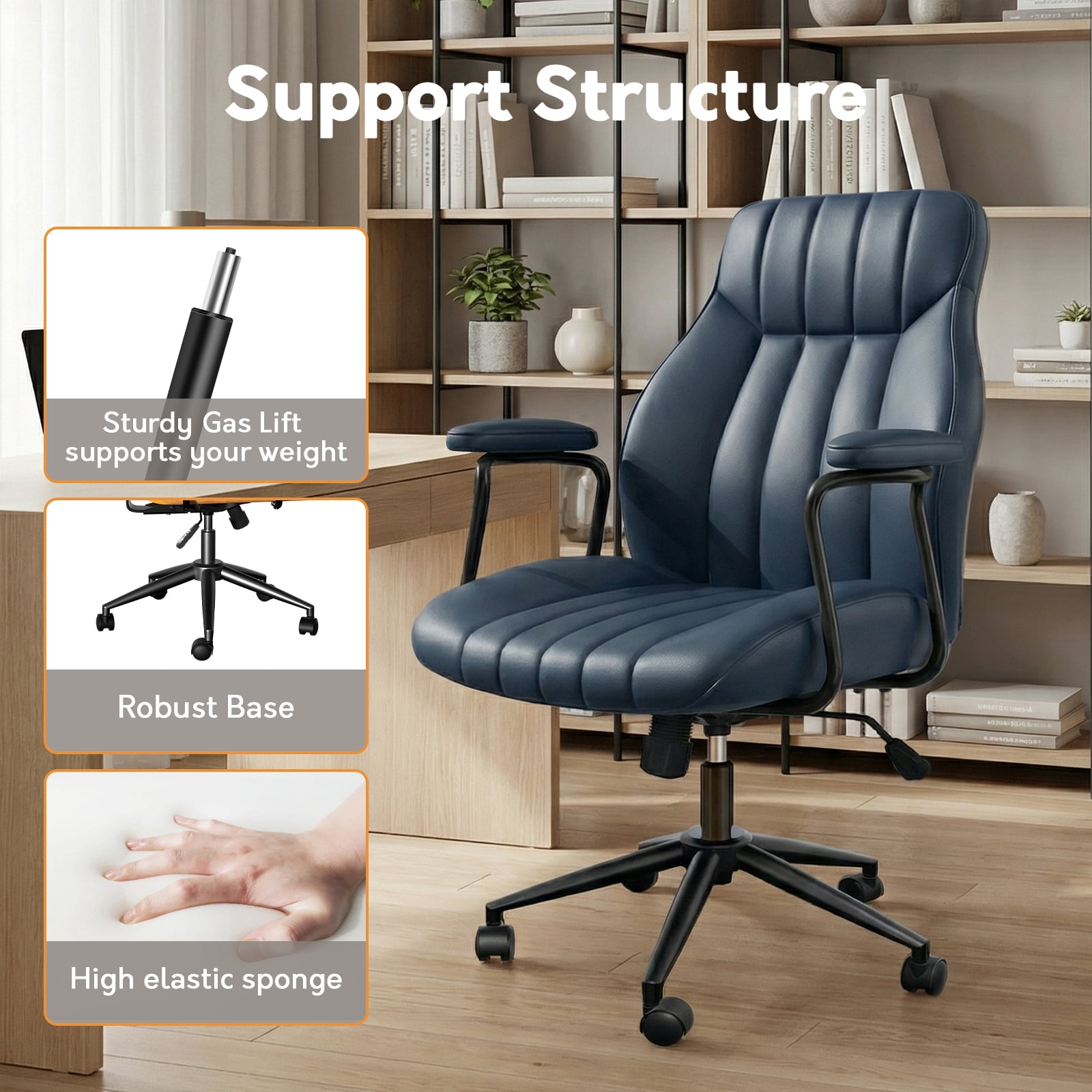 HomeZeer Executive Office Chair, Leather Desk Chairs with Wheels, Ergonomic Desk Chair with Arms, Mid Century Modern Reclining Computer Task Home Chair with Lumbar Support, Blue