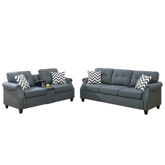 Poundex 2 Piece Fabric Sofa Set with USB Console in Blue Gray