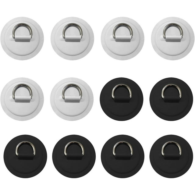 HUGFEGWE 12Pcs D Rings for PVC Inflatable Boat, Stainless Steel D-Ring Circular Patch Round Pad D Ring PVC Patch Canoe Raft Dinghy Kayak Surfboard Paddle Deck Accessories, White/Black, NO U2537-6445